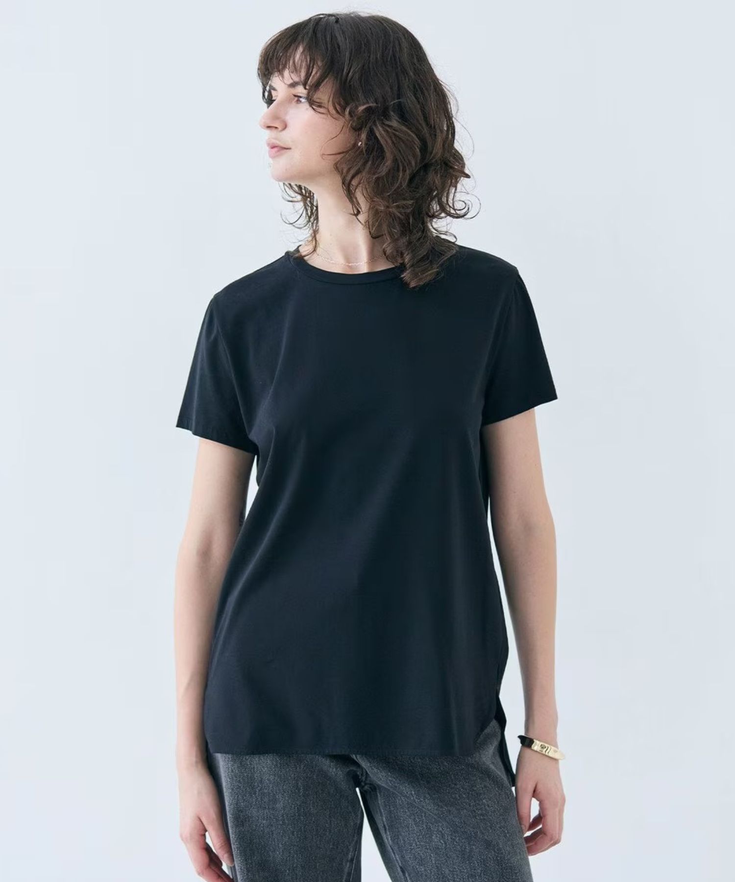 コットンクルーネックTシャツ (Black) コットン / シャツテール / ストレッチ / ウォッシャブル /KKCWGA0002