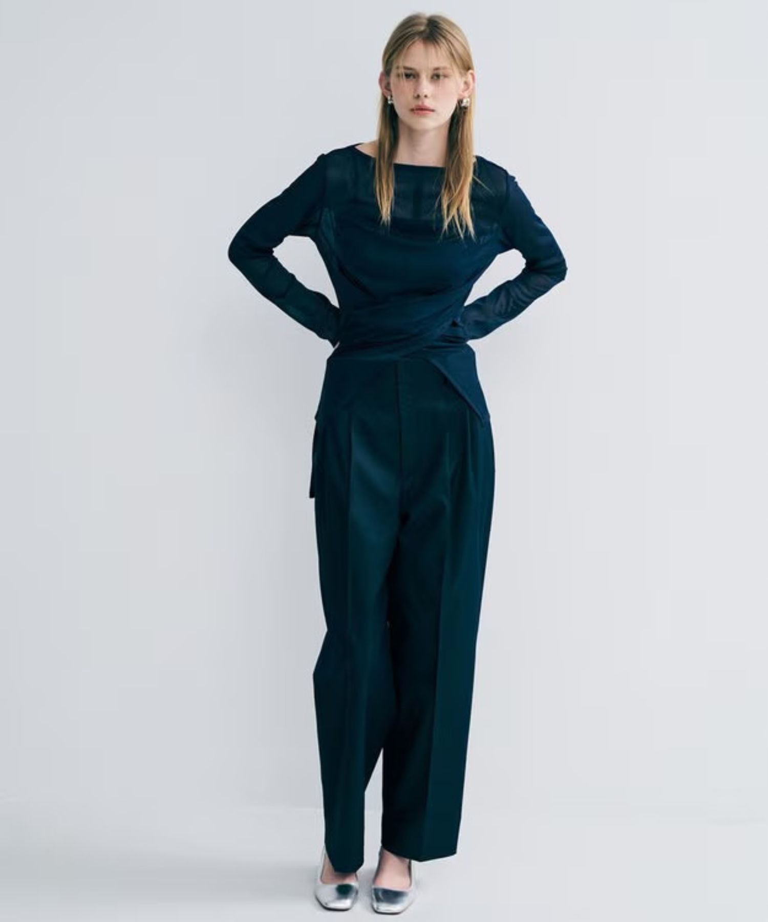 トリコットシフォンカシュクールトップス(ネイビー) ポリエステル / ウォッシャブル / シアージャージ素材/ ボートネック / フロントスリット / KKUVGW0102