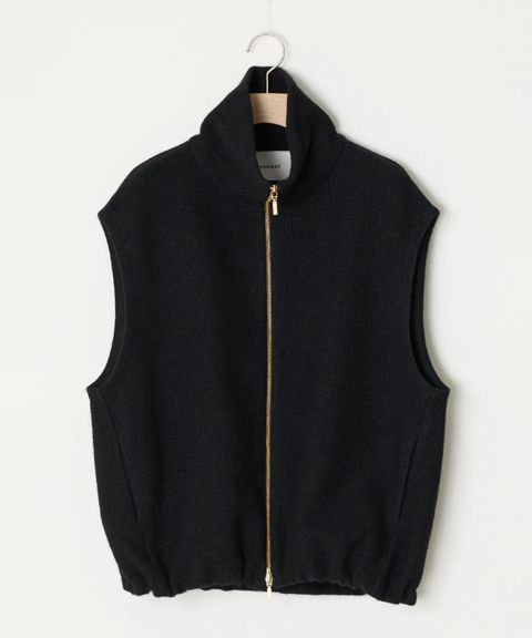 WOOL SILK BLENDED LIGHT ZIP VEST (BLACK) 綿 / サイドポケット / ダブルZIP / 裾ドローコード / ADWS-501-22