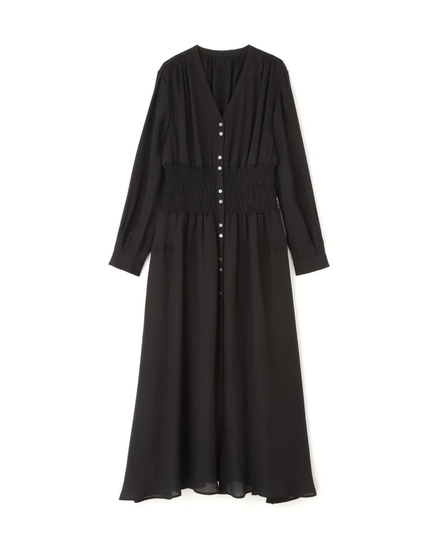 ウエストシャーリングロングワンピース(ブラック)再生繊維 / ストレッチ性無し / 身頃のみ裏地付き / 前スリットあり / あきなしでかぶり着用 / 0316140207