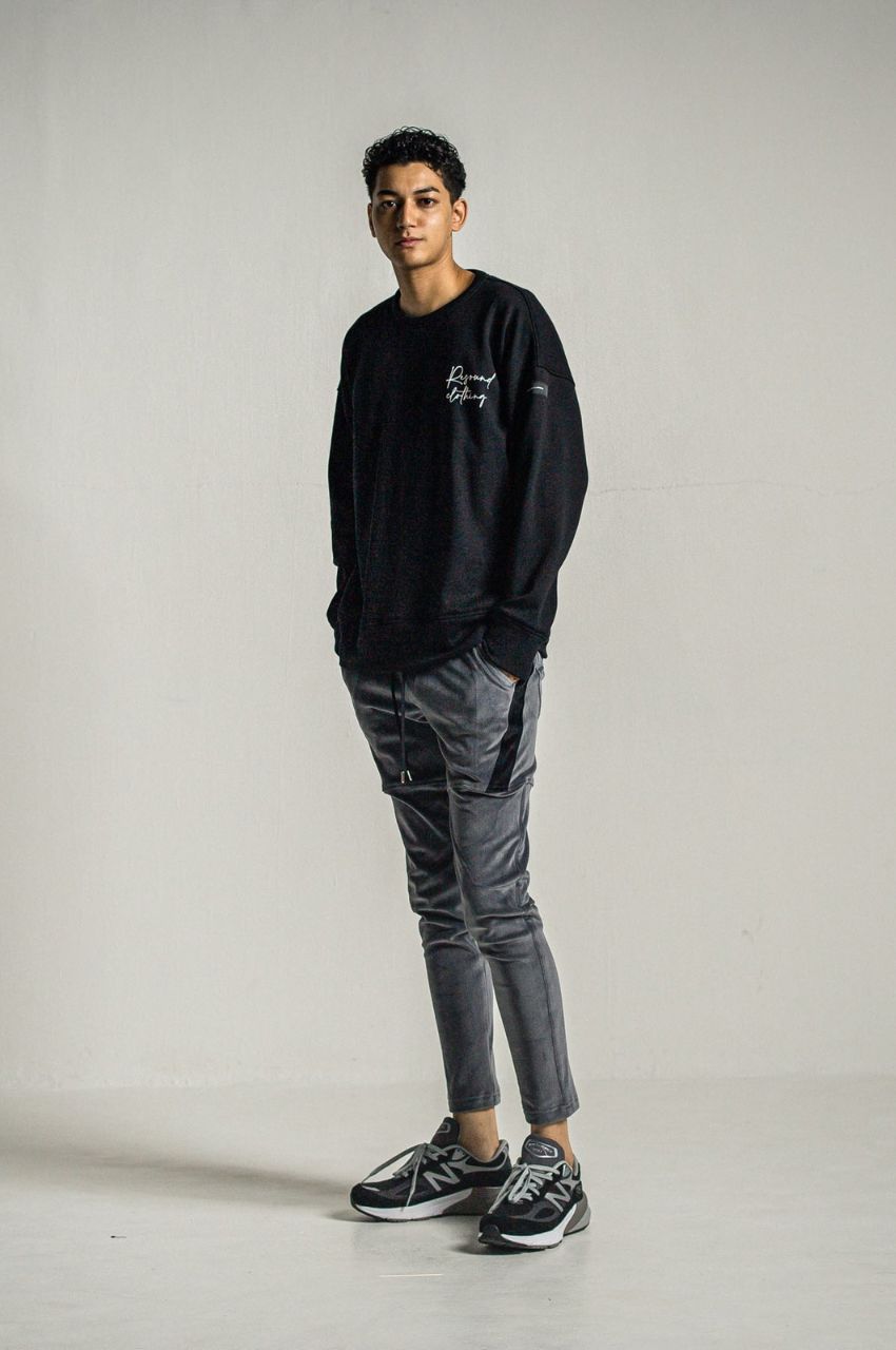 velours TYLER PANTS (CHACOAL) ポリエステル / ストレッチ / エコレザーサイドライン / スラッシポケット / RC34-ST-026BH