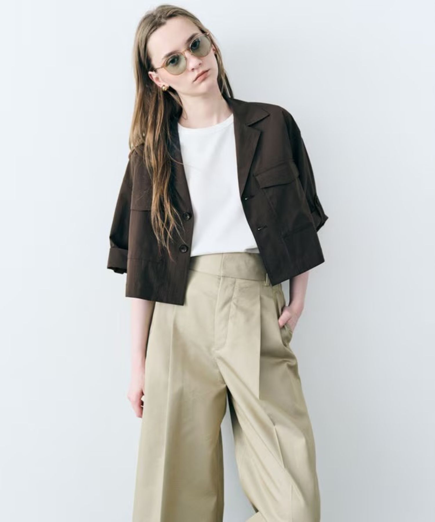 クールタッチカラータイプライターシャツジャケット(ダークブラウン) ポリエステル / ウォッシャブル / ショート丈 / JKUVLS0402