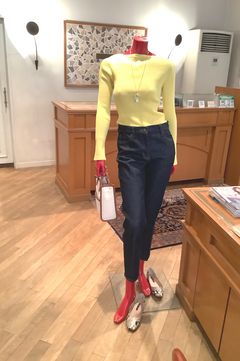 デニムクロップドパンツ タンポポ刺繍レディースデニムパンツ