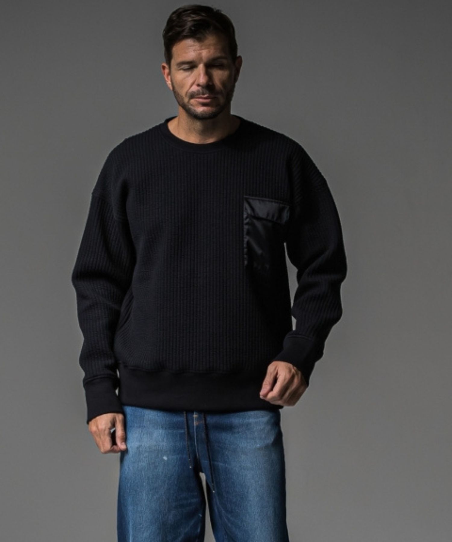 Stripe quilting drop trainer (BLACK) コットン /   ストレッチスウェット / 胸ポケットサテン / キルティング / RC37-C-003