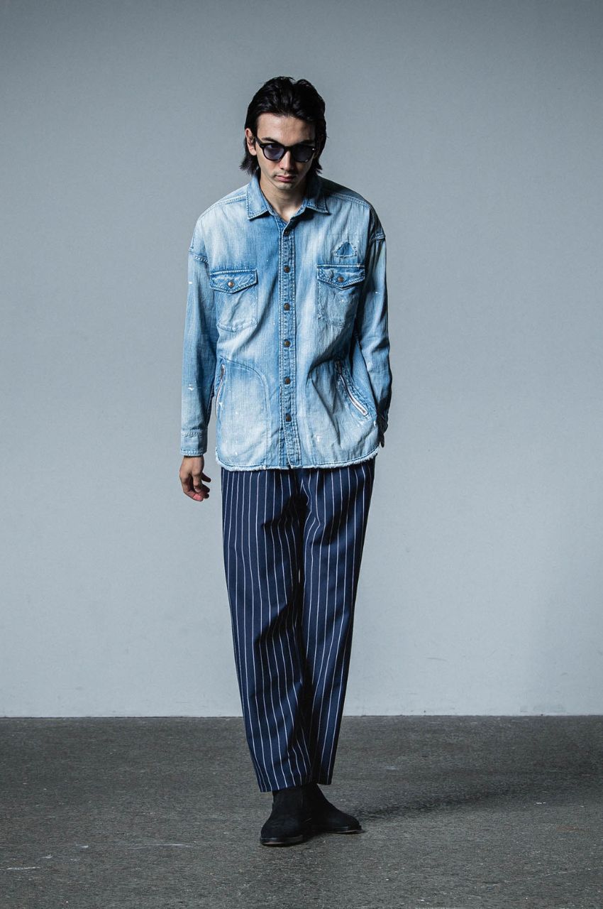 CHRIS EASY WIDE TUCK PANTS (NAVYST) /ポリエステル/ ストライプ柄 / ストレッチ / ワンタック / ベルトループ /  RC33-ST-016WT