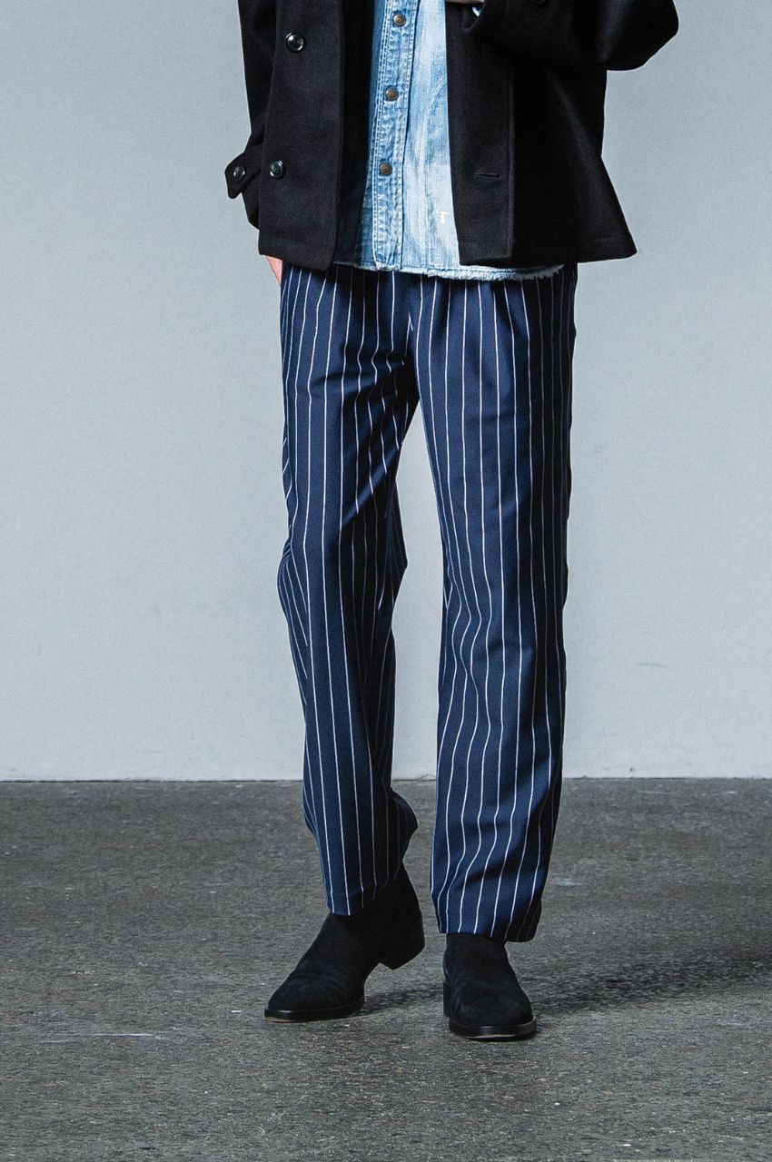 CHRIS EASY WIDE TUCK PANTS (NAVYST) /ポリエステル/ ストライプ柄 / ストレッチ / ワンタック / ベルトループ /  RC33-ST-016WT