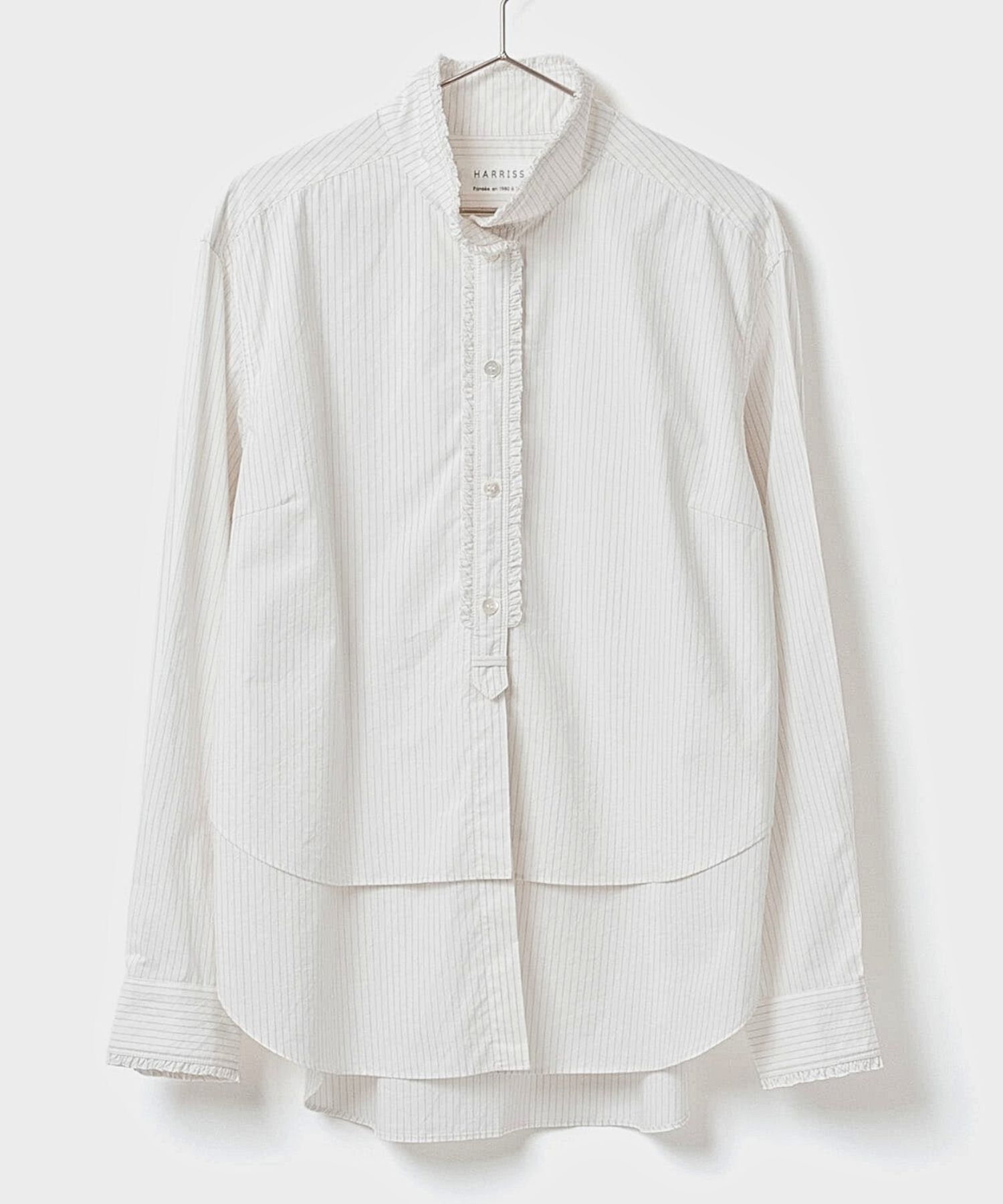 Gathered ruffle shirt(生成色:ストライプ) 綿 / 2way / ワッシャー加工 / 手洗可 / FS252-45085