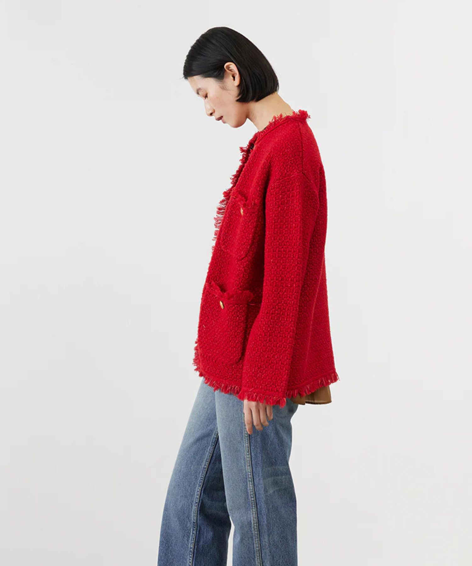 TWEED KNIT JACKET (RED ) ポリエステル / 異素材MIX / ノーカラー / 金釦 /ADWS-501-29