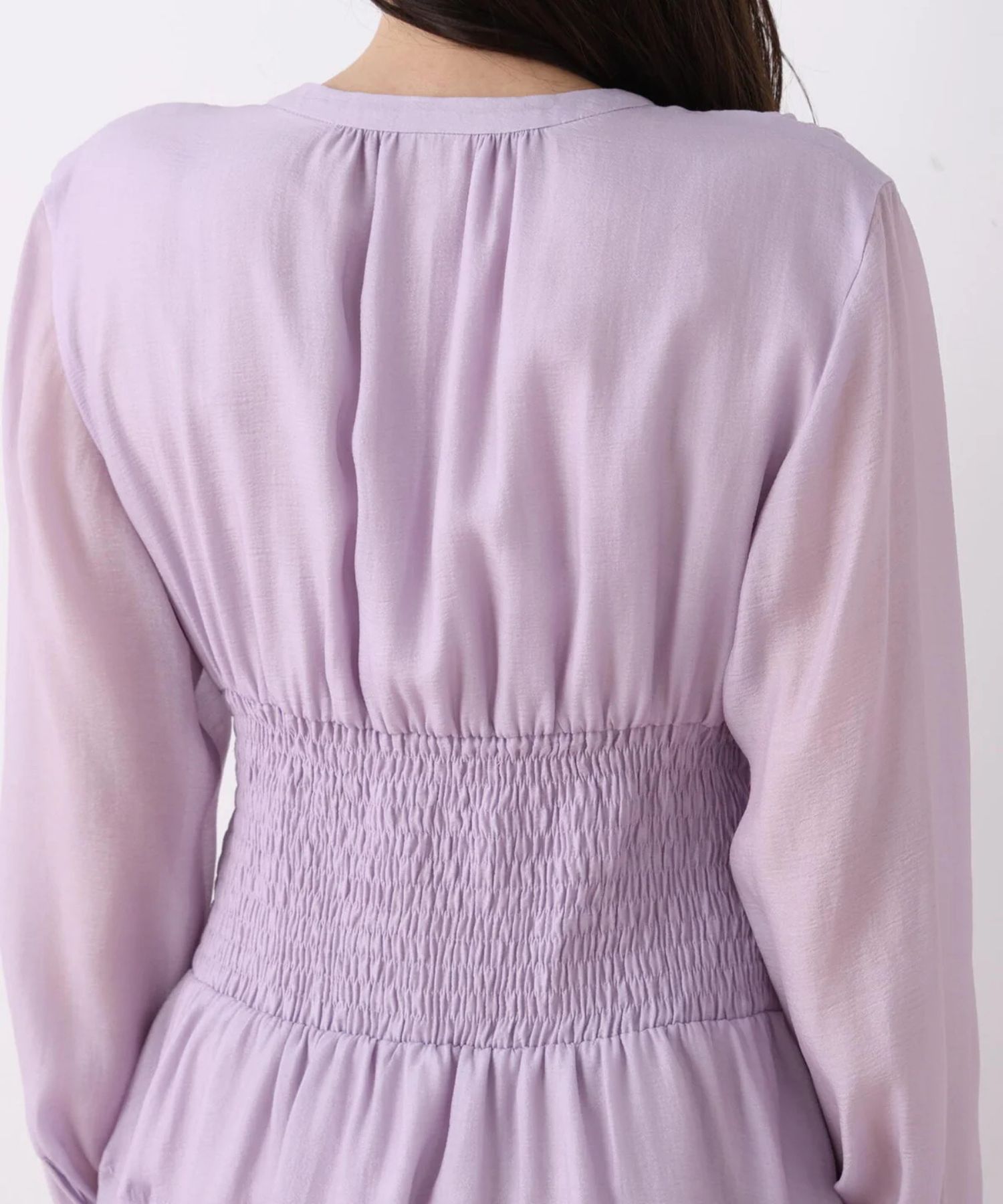 ウエストシャーリングロングワンピース(ラベンダー)再生繊維 / ストレッチ性無し / 身頃のみ裏地付き / 前スリットあり / あきなしでかぶり着用 / 0316140207