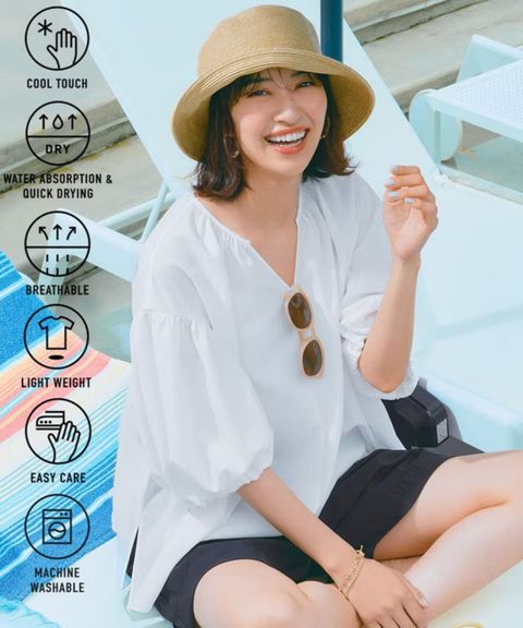 BREEZEMOVE ボリュームブラウス (オフ) ポリエステル / 通気性 / 接触冷感 / Vネック / マシンウォッシャブル / BLUMGA0603