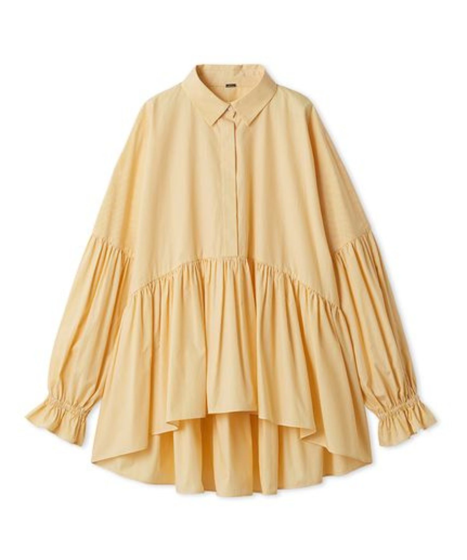 シャツ衿ギャザーチュニックブラウス ( YEL ) 綿 /ベルスリーブ/ 比翼仕立て / 袖口 ゴム / 手洗可 /09WFB261037