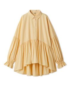 シャツ衿ギャザーチュニックブラウス ( YEL ) 綿 /ベルスリーブ/ 比翼仕立て / 袖口 ゴム / 手洗可 /09WFB261037