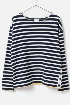 Side open basque shirt (ネイビー ブルー) 綿 / サイドボタン / ボーダー/ 配色  /BK242-22253