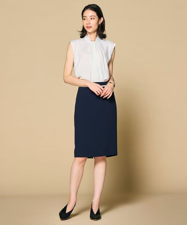 CINDY / タイトスカート (Navy × White) トリアセテート/ ストレッチ / 手洗可 / シーズンレス / SKCWLS0719