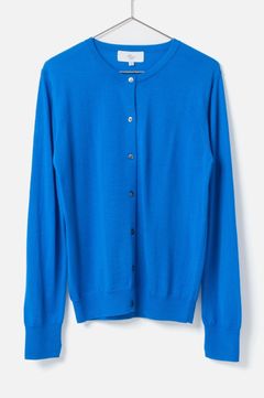 Crew Neck Knit Cardigan (ブルー) 毛 / ボタン /  コンパクトサイズ / ラウンドネック / FN242-13451