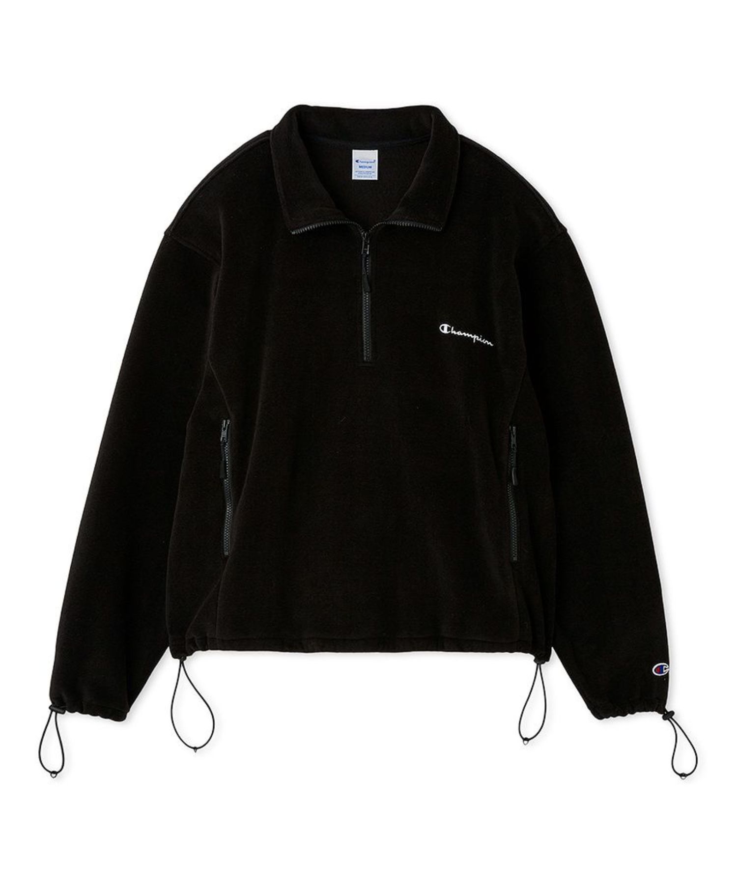 【FRAY I.D｜Champion】フリースハーフジッププルオーバー ( BLK  ) ポリエステル / 裾ドロスト / Championロゴ刺繍 / フリース素材 / ハーフジップデザイン / FWFJ254808