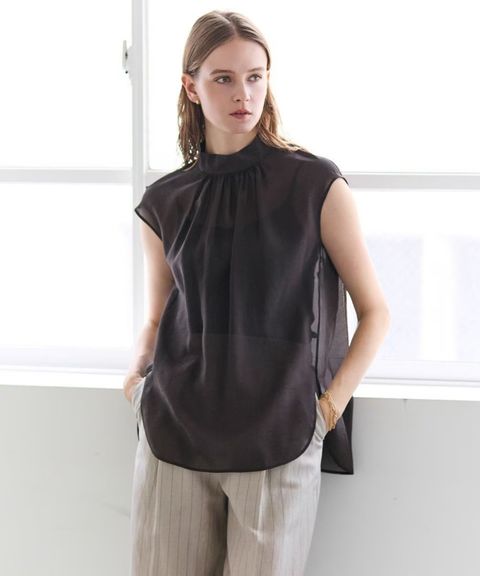 SERAPHIN / ライトシアー ハイネックブラウス (Bordeaux) レーヨン /ノースリーブ/ 透け感 / 手洗可 / BLCWLM0403