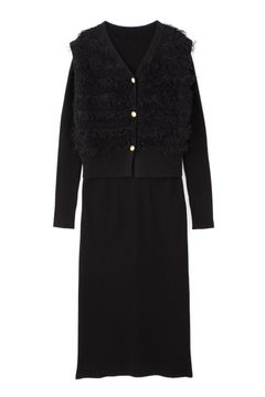 レイヤードニットワンピース (ブラック) / ワンピースとジレのセット販売 / ストレッチ / ウォッシャブル / 0315147212