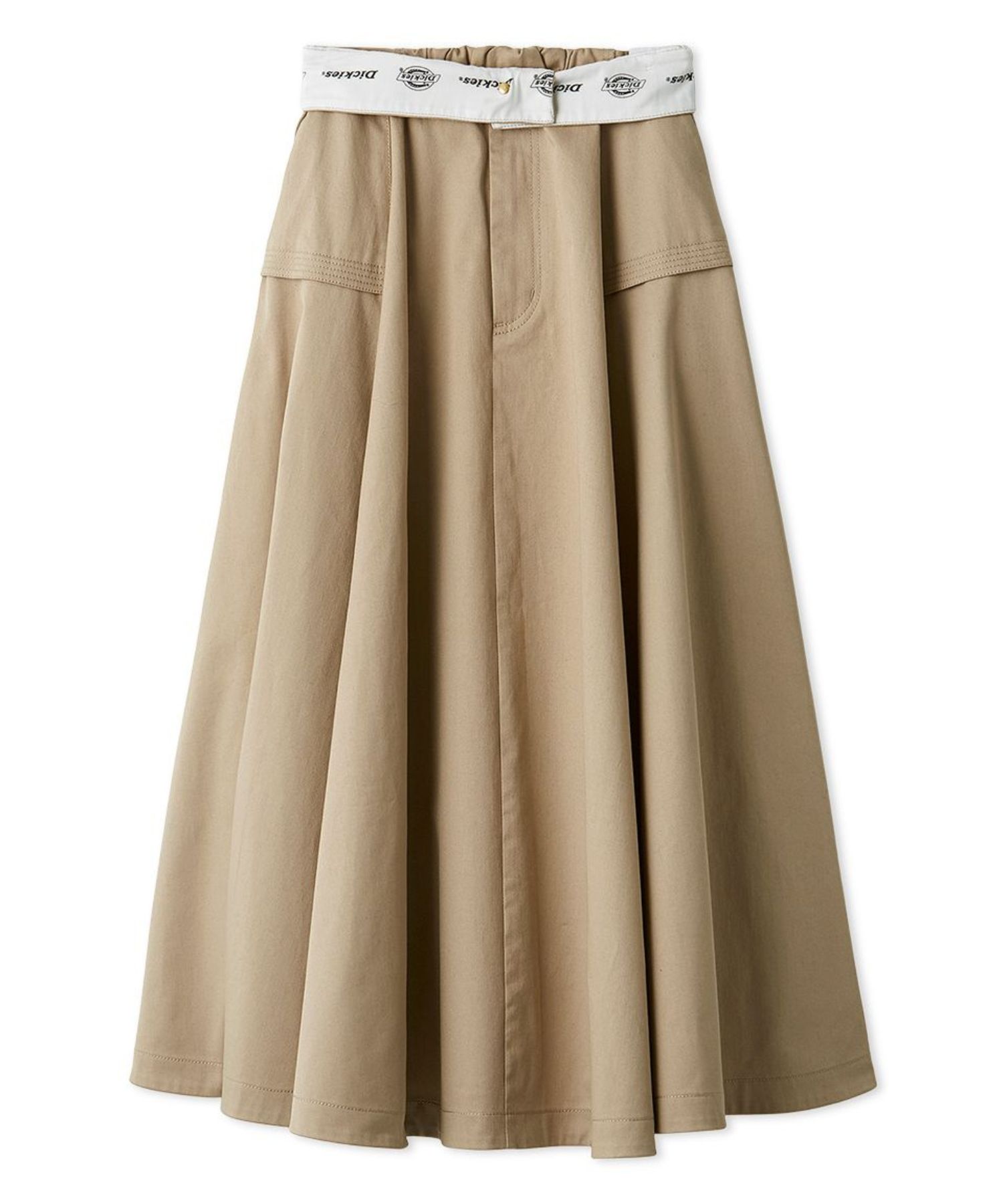 【FRAY I.D｜Dickies】チノフレアスカート(BEG) ポリエステル/ Dickiesのロゴ入りスレキ/  ボリューム有り /  手洗可/ FWFS254804