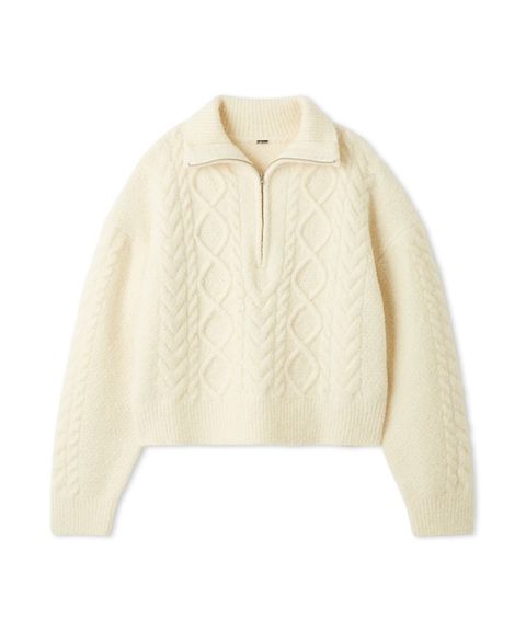 アランブークレーハーフジップニットプルオーバー ( IVR ) ウール / アラン柄 / 柔らかい / 短め丈 / 09WNT255065