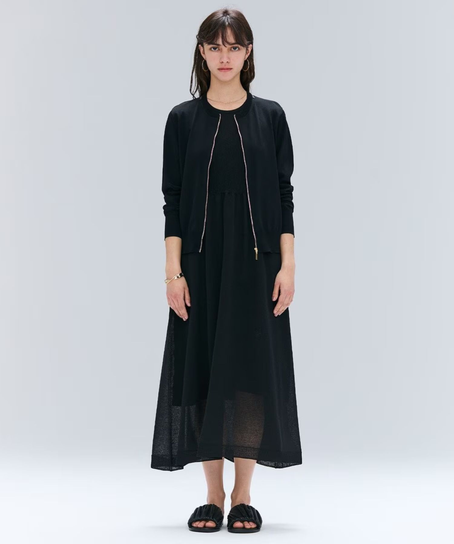 レザーラインジップカーディガン (Black) レーヨン / ストレッチ / 清涼感 / ウォッシャブル / KRCWGA0100
