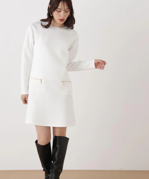 バイカラードッキングミニワンピース(ホワイト)ポリエステル / ストレッチあり / 裏地無し / 後ファスナーあき / ひざより上の丈 / 0316140130