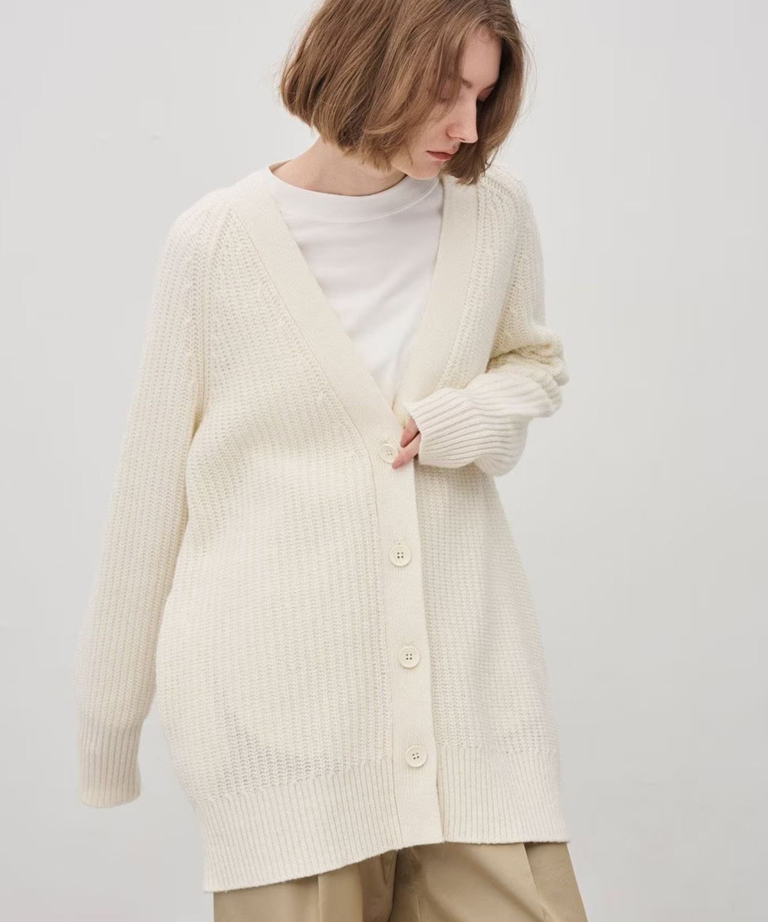チャンキーニットカーディガン(オフ)ナイロン / ミドルゲージ畦編み / KRUVGW0505