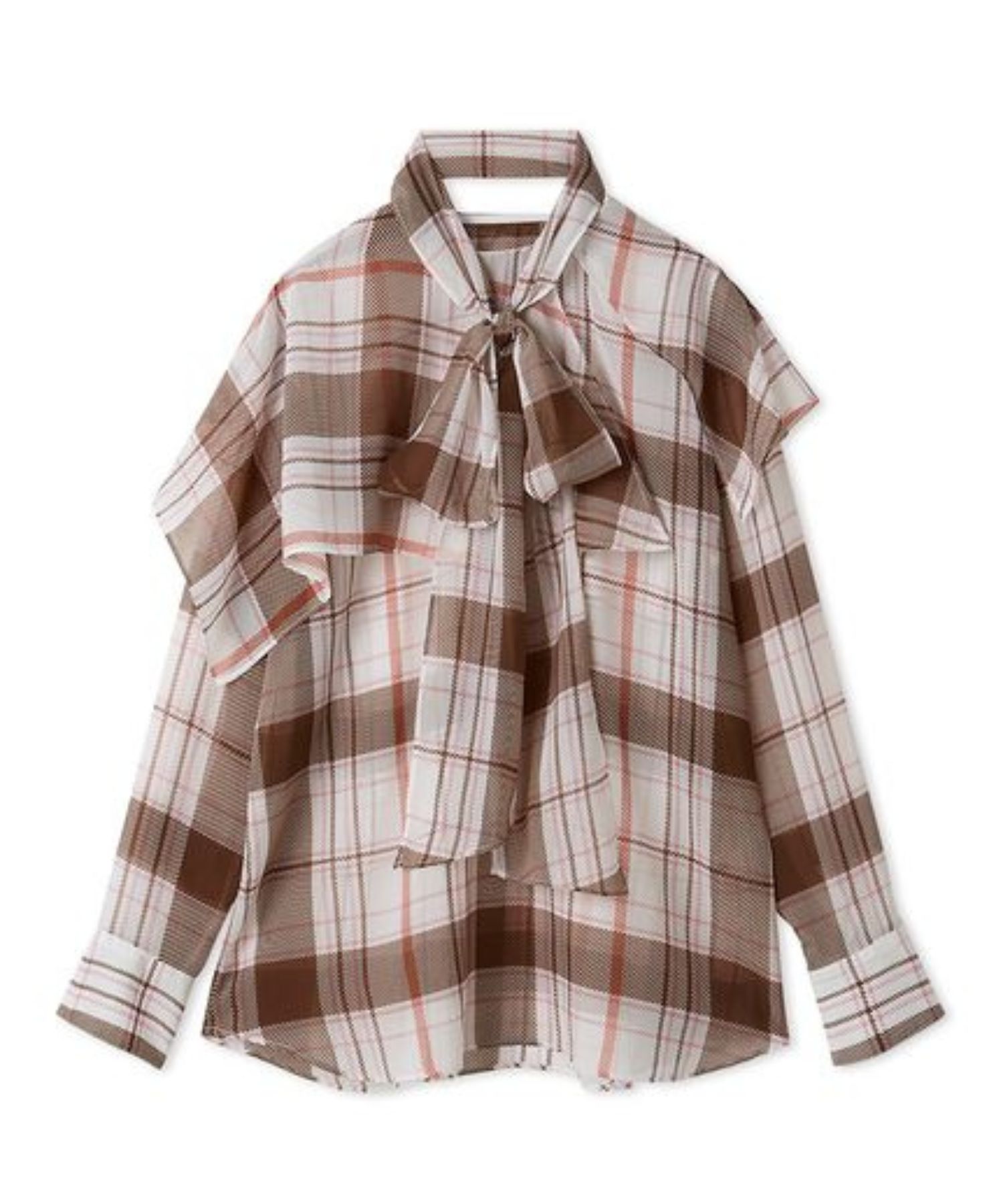 チェックボウタイブラウス (PNK) ポリエステル /ボウタイ取外し可能 / シアー / 柔らかい  / 09WFB261109