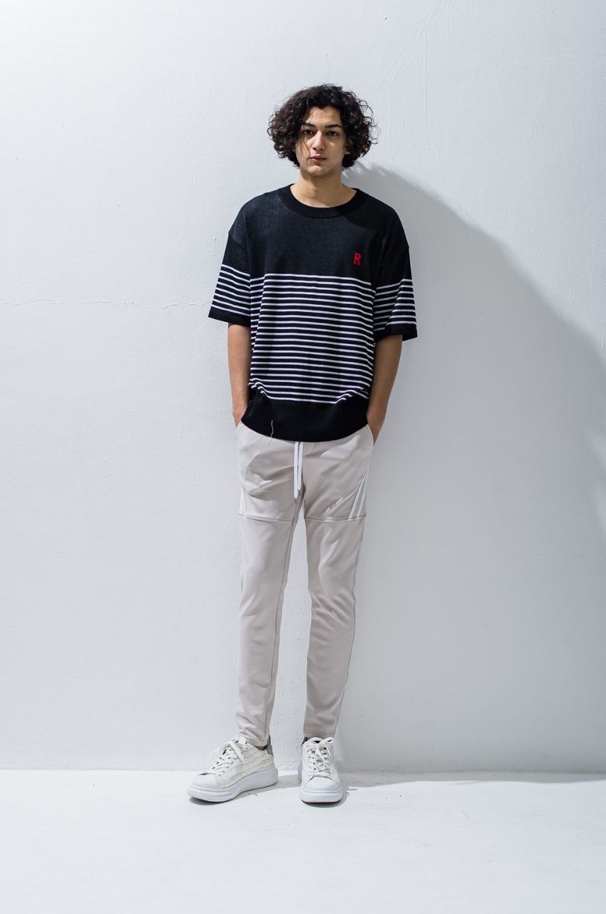 オーバーサイズ コットンニットボーダーTシャツ / クルーネック / マリンボーダー