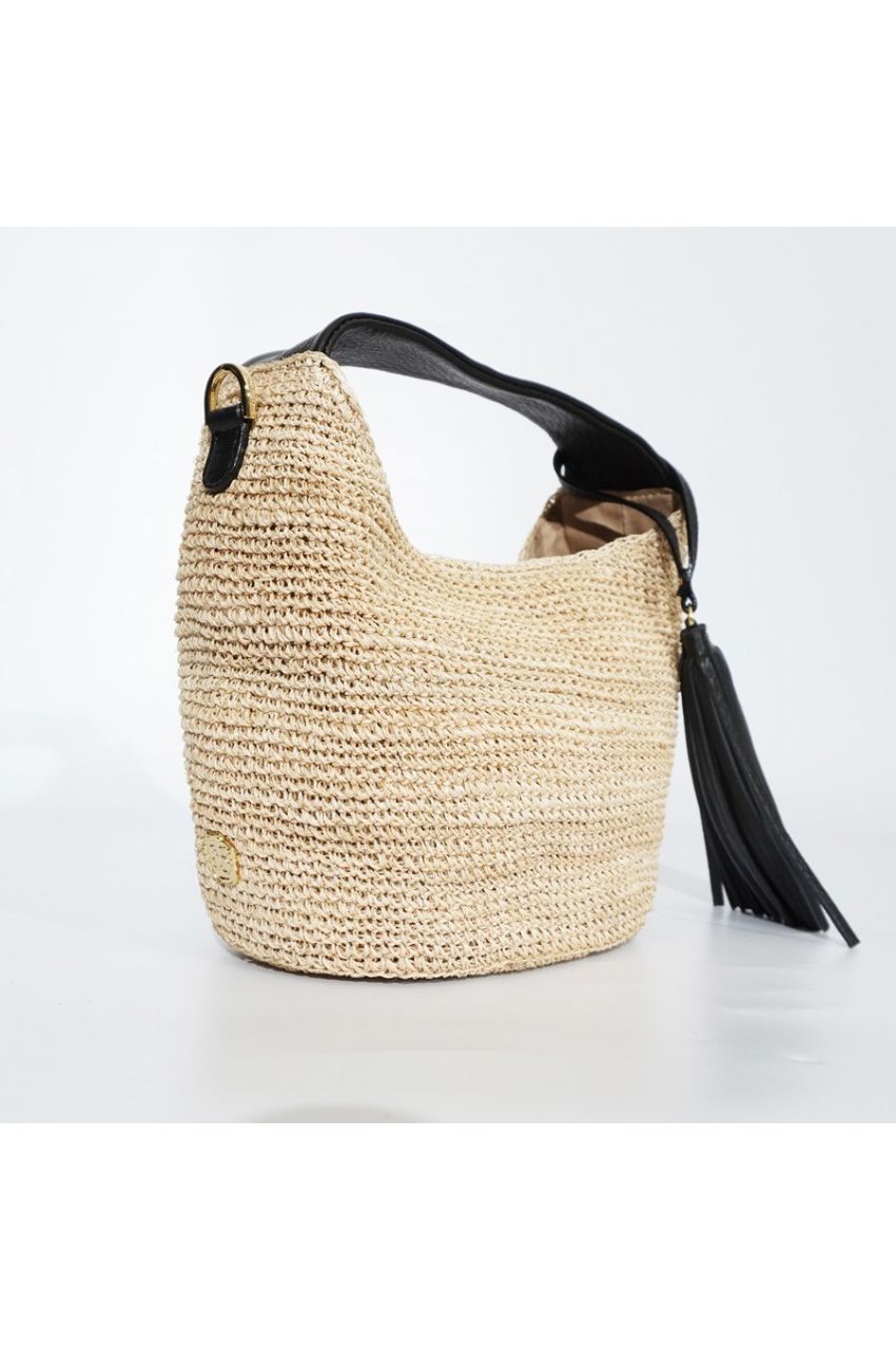 SANDRO / V-8477 / Natural（Black） / アバカ / 牛革 / ワンショルダーバッグ（ブラック）サンドロ / マグネット開閉 / ファスナーポケット有り / カゴバッグ【正規販売店】