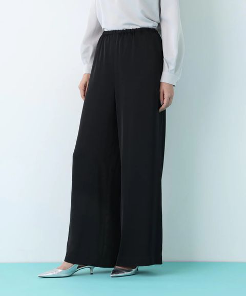 サテンワイドパンツ(ブラック)ポリエステル / ストレッチ性あり / ショート丈裏地付き / 前ポケット×2 、後ろ飾りポケット×2 / ウエストゴム ＋共ヒモ / 0316130223