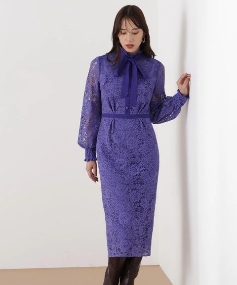［URBAN PRECIOUS］フローラルレースワンピース(ヴァイオレット)コットン / 裏地つき / 袖口シャーリング / 後ファスナーあき / 後にベンツあり / 0315240124