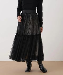 ドットチュールギャザーティアードスカート(ブラック)ポリエステル / ストレッチなし / 裏地付き / 左脇ファスナー / くるぶしくらいの丈 / 0316120122