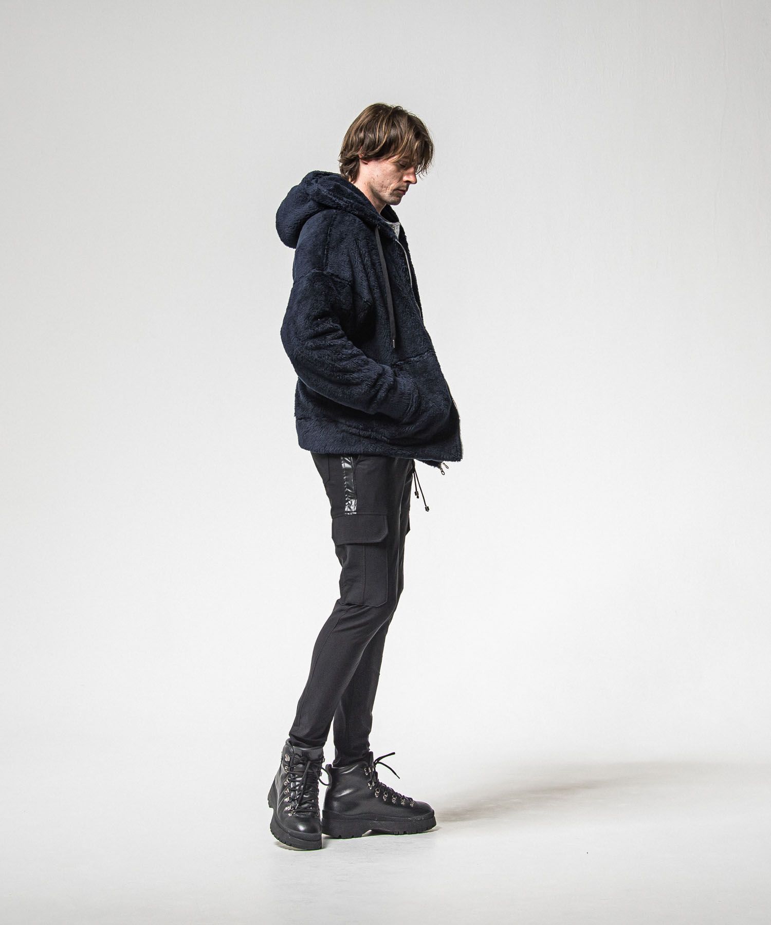 BOA zip loose hoodie (NAVY) ポリエステル / サイドパッチポケット / オーバーサイズ /ドロップショルダー / 軽量 /   RC38-C-007