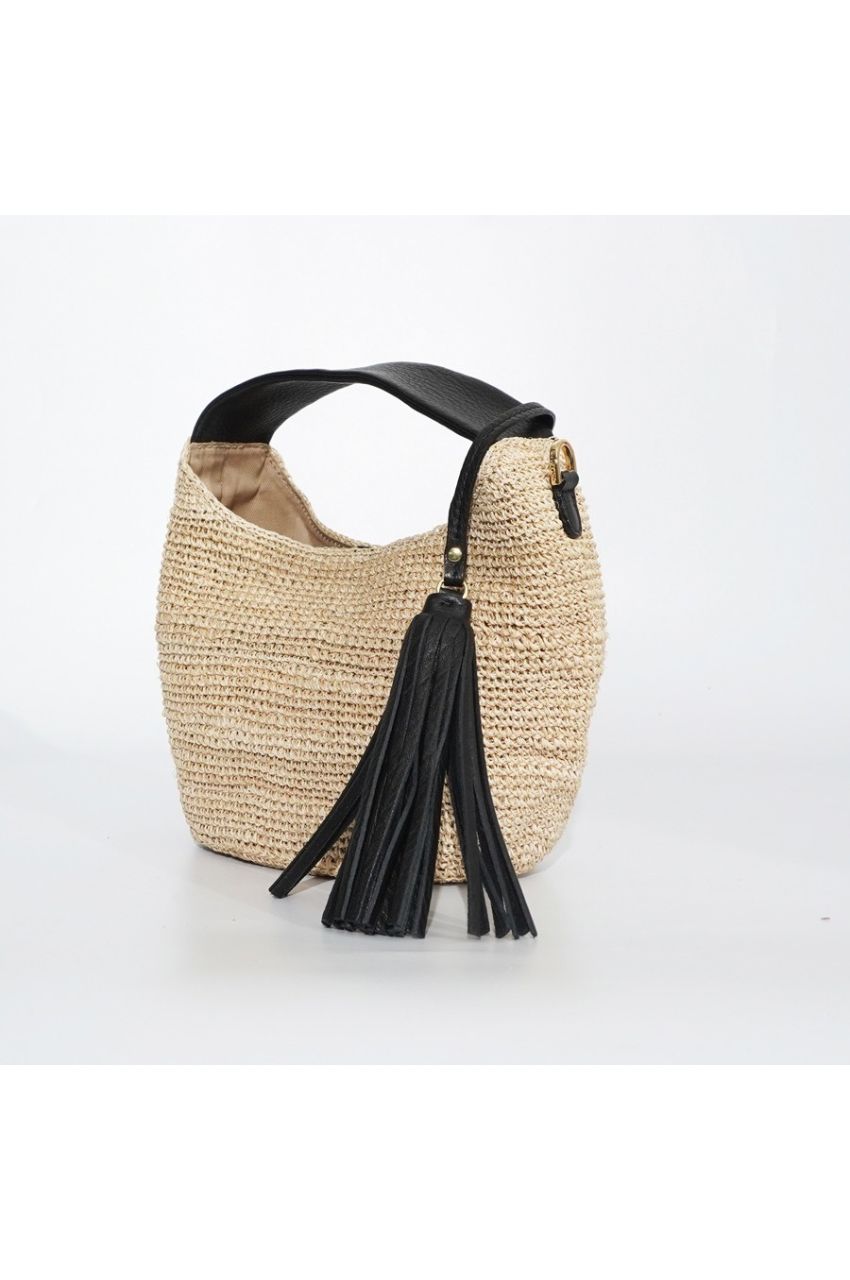SANDRO / V-8477 / Natural（Black） / アバカ / 牛革 / ワンショルダーバッグ（ブラック）サンドロ / マグネット開閉 / ファスナーポケット有り / カゴバッグ【正規販売店】