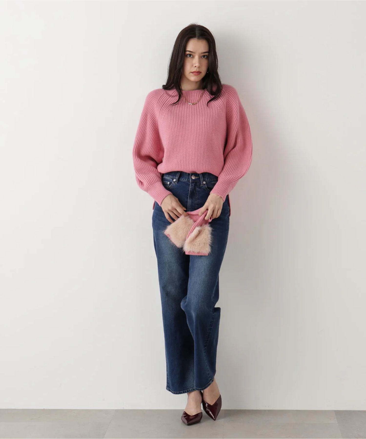 ファーグローブ付き畦ニットプルオーバー(ピンク)毛 / 脇スリット / ストレッチあり / 0315270126