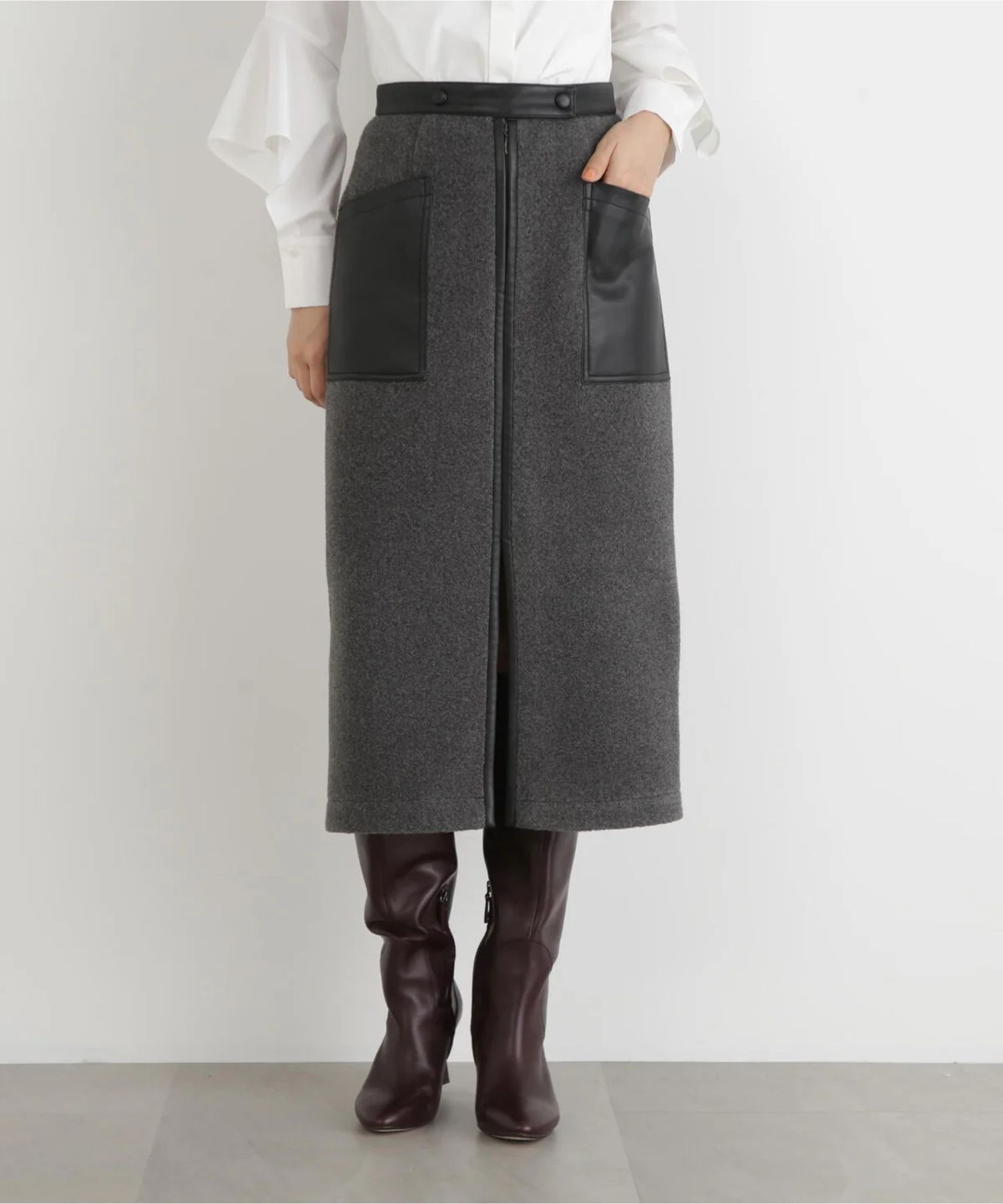 ウールレットジップスカート(ミディアムグレー)ポリエステル100% / 裏地なし / 前スリット / 0315220106