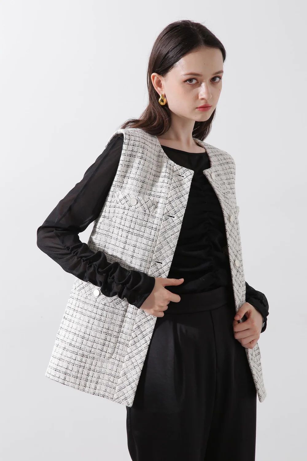 ツイードジレ (ホワイト) / 綿 / ポリエステル / ボタン / 0315150205