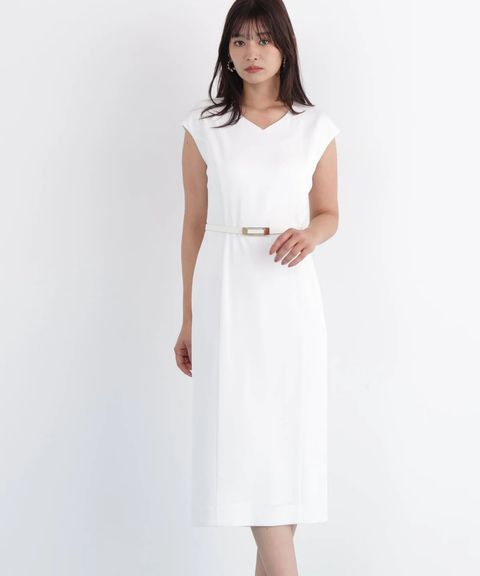 ハイツイストワンピース(ホワイト)トリアセテート / 裏地付き / 後ファスナー / 後裾にベンツあり / 膝がちょうど隠れる丈 / ストレッチあり / 共地ベルト付き / 0316940099