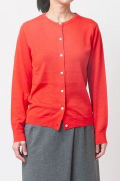 Crew Neck Knit Cardigan (レッド) 毛 / ボタン /  コンパクトサイズ / ラウンドネック / FN242-13451