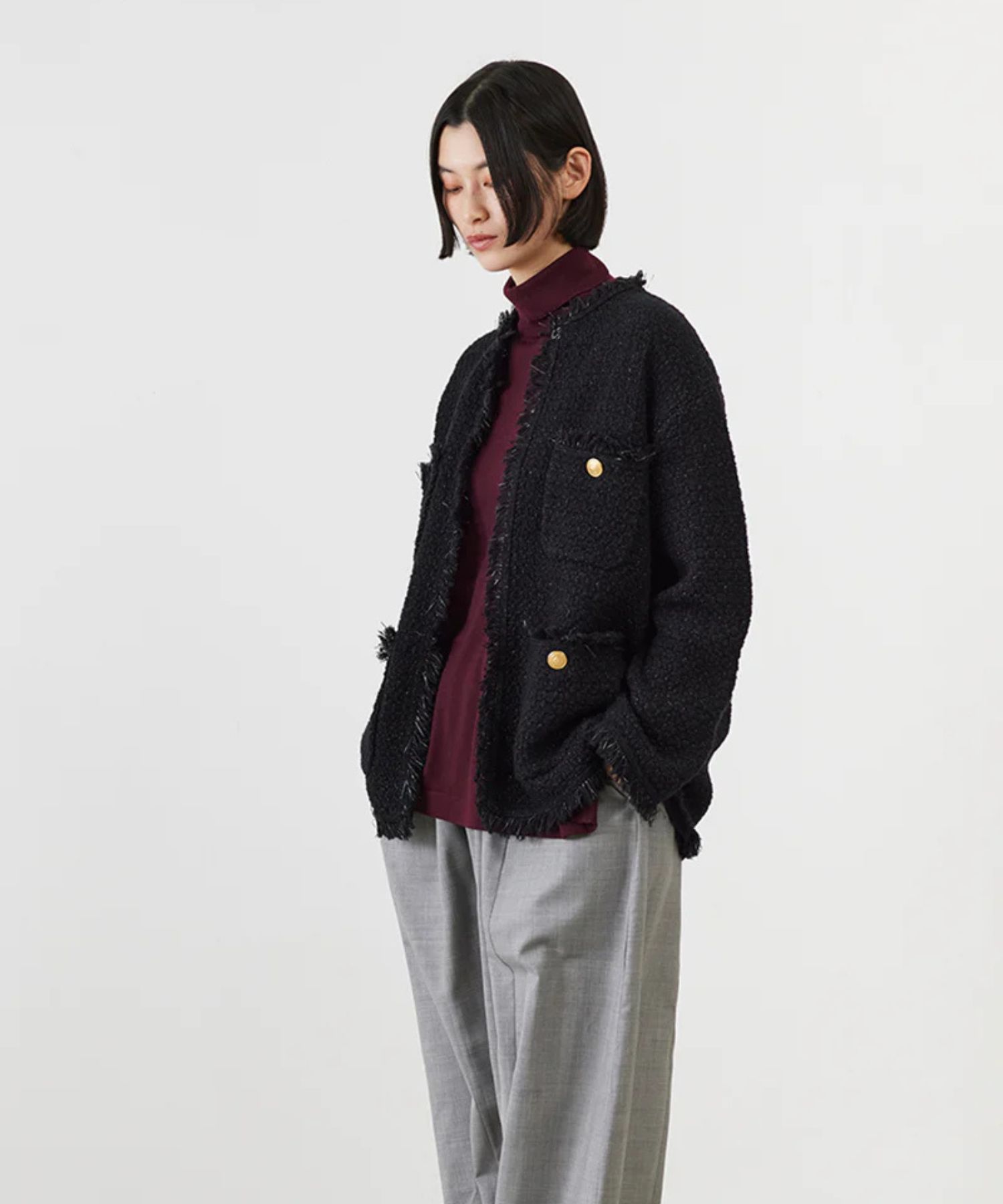 TWEED KNIT JACKET ( BLACK) ポリエステル / 異素材MIX / ノーカラー / 金釦 /ADWS-501-29