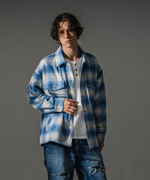 flannel check JK (SAX) コットン / オーガニックコットン/ オーバーサイズ / オリジナルスナップボタン /   RC41-JK-006