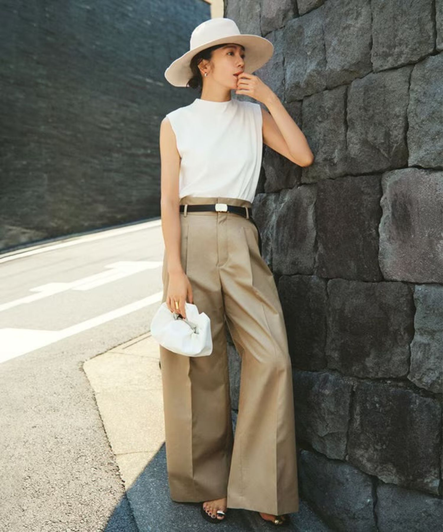 チノギャバジンワイドトラウザー(ベージュ) 綿 / ウォッシャブル / 手洗い可 / 撥水加工 / ハイウエスト/ PRUVLS3810