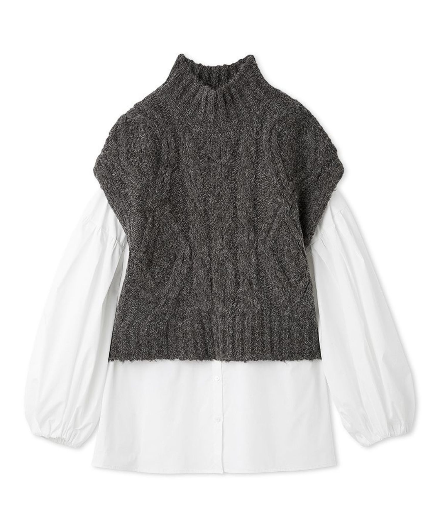 ケーブルベストシャツレイヤードSET (GRY) アクリル / セットアイテム/ クロップド丈ベスト / ゴムの袖口 /  09WNT255106
