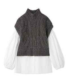 ケーブルベストシャツレイヤードSET (GRY) アクリル / セットアイテム/ クロップド丈ベスト / ゴムの袖口 /  09WNT255106