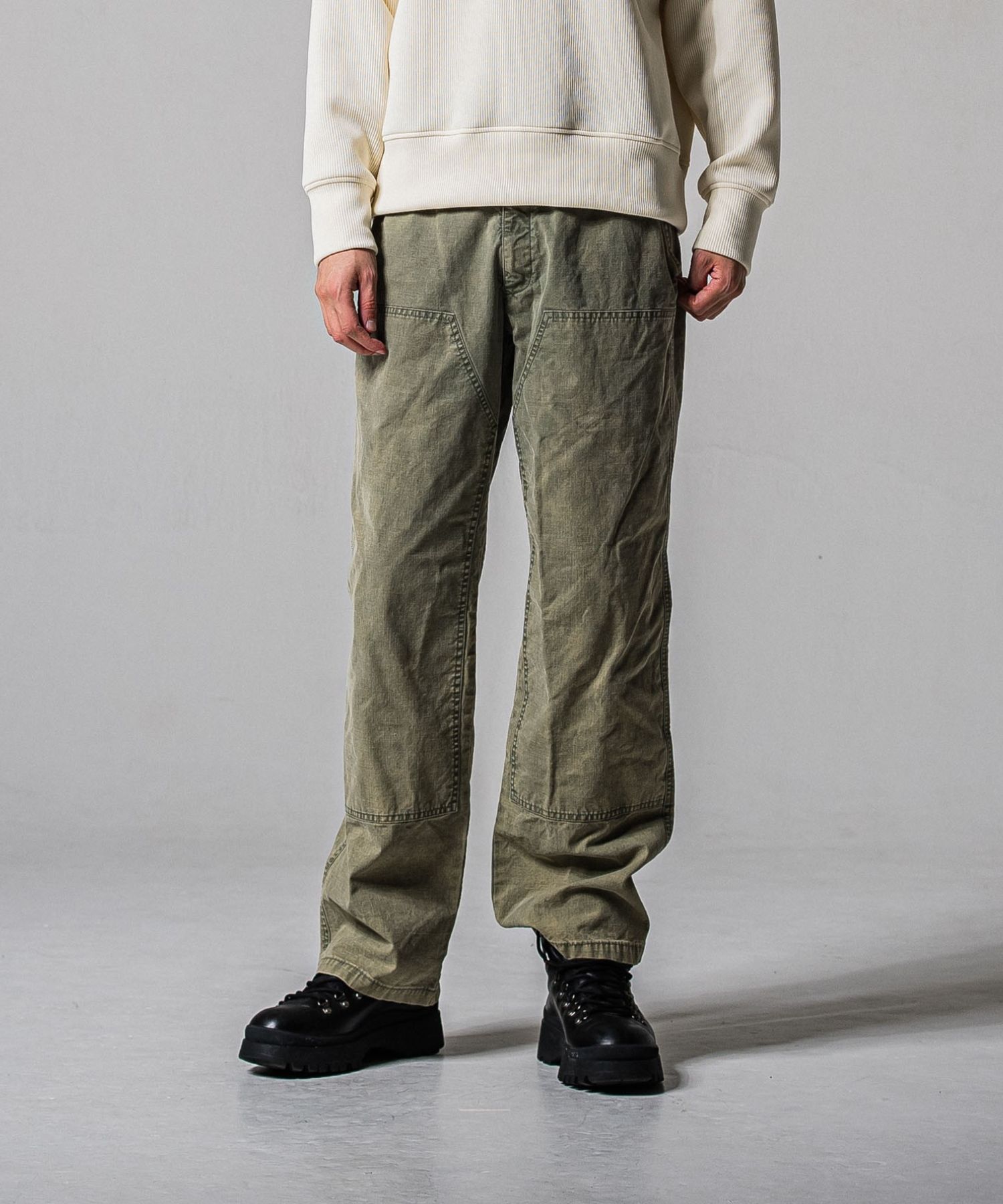 double knee PT ( DKHAKI) 綿 / スラッシュサイドポケット /  ウエストゴム/ ドローコード / 手洗可 / RC39-ST-041-3