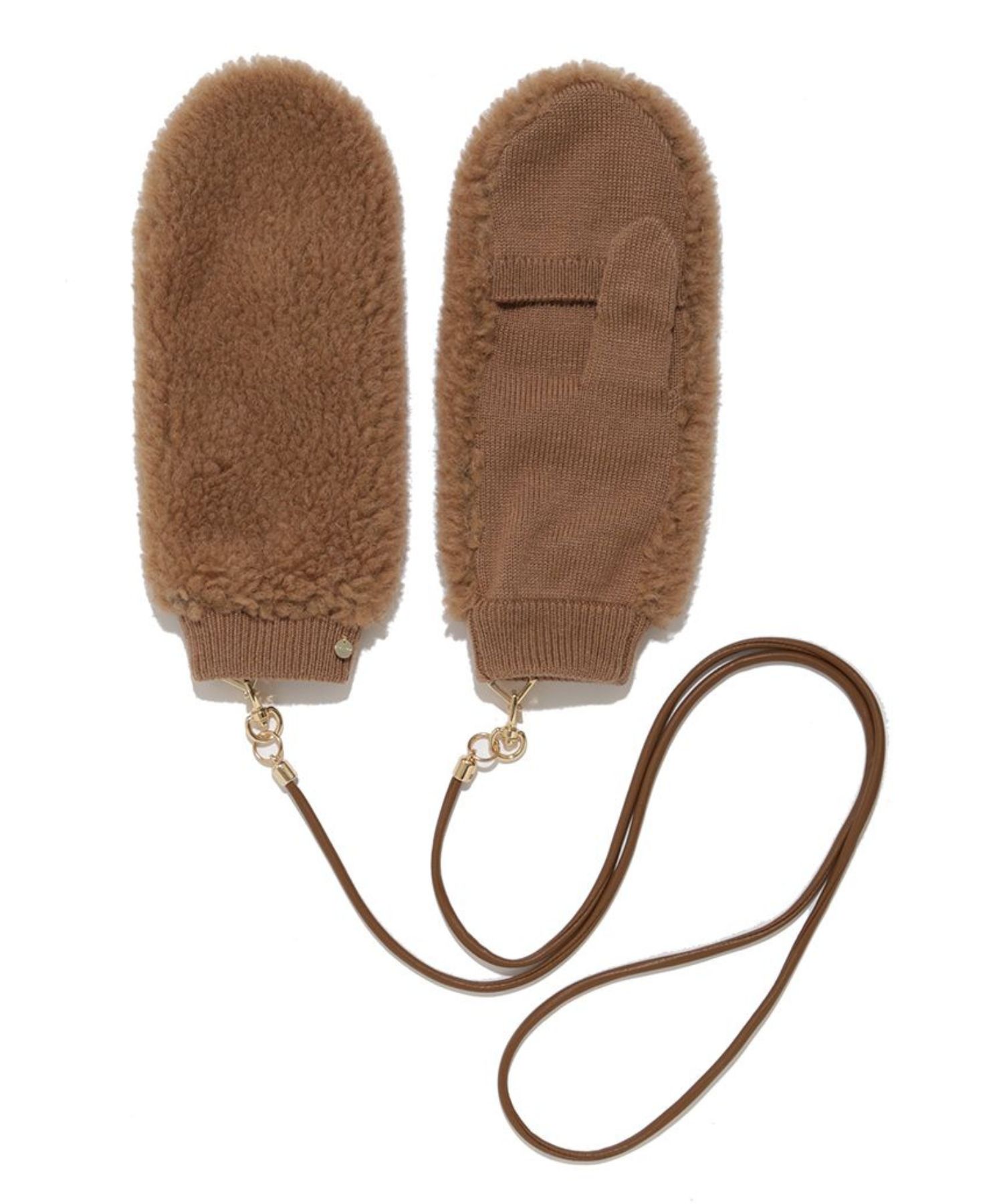 ECOPELレザーストラップ付きミトン ( CML ) ポリエステル / ウール混ボア / スマホ対策 / レザー調コード / FWGG254338