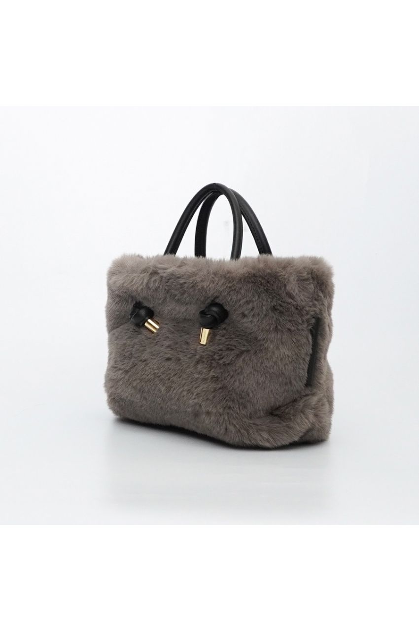 【ELMO / エルモ】V-8763（Leopard Beige × Black / レオパードベージュ × ブラック）レッキスラビットエコファー2WAYトート / ポリエステル / 牛革 / 長財布入るサイズ