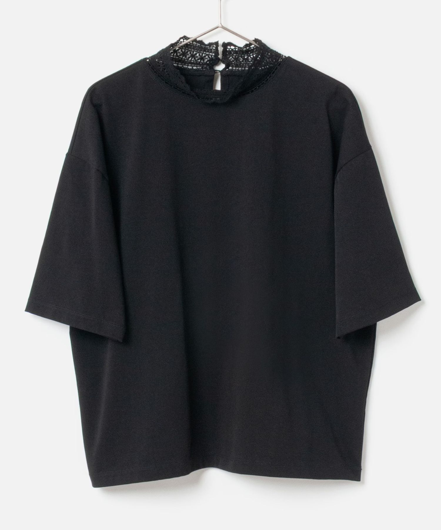 Stand Lace Collar T-Shirt (ブラック) 綿 / オーバーサイズ Tシャツ / 接触冷感/ 透湿性/ 紫外線防止  / FK261-37282