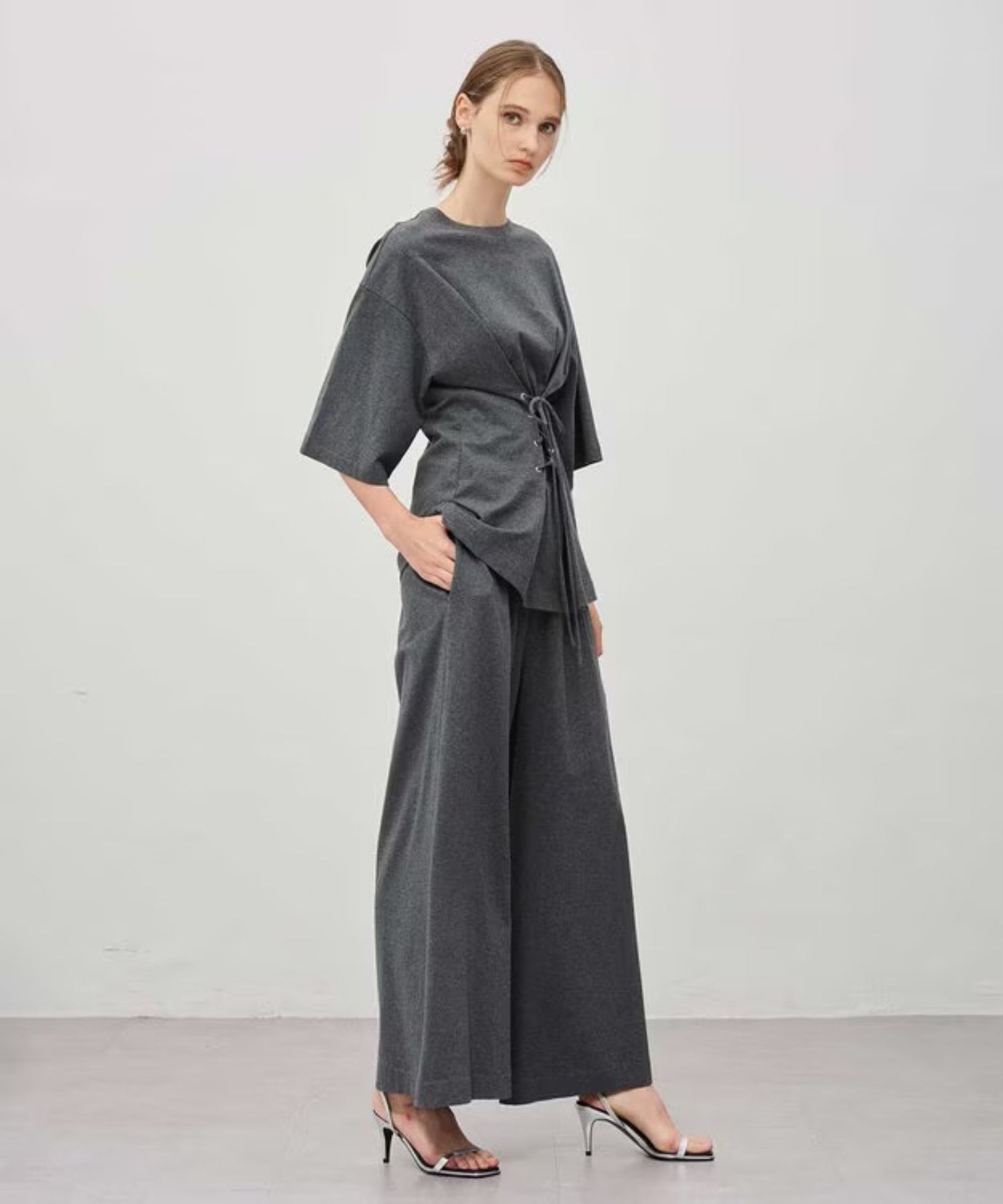 プレーンジャージーギャザーパンツ(チャコール) 綿 / ウォッシャブル / ウエストゴム / PRUVGW0314